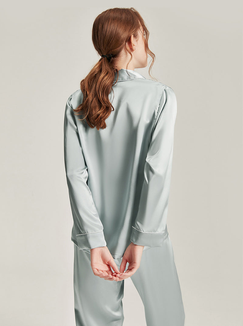 22 Momme Silk Summer Female Fashion Small Lapel Simple Soft Comfortable Youthful Temperament Various Colors Classic Long Sleeve Two-Piece Pajamas