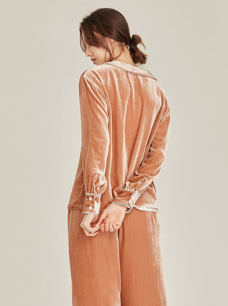 Autumn Winter Female Silk Velvet Matching Pajamas Simplicity Pure Color Cute Doll Collar Lace Edge Long Sleeve Two-Piece Set