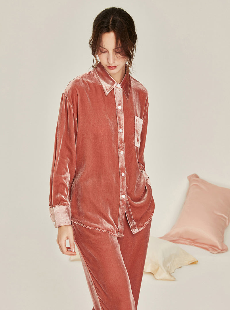 Velvet Multicolor Female Autumn And Winter Shirt Collar High Fashion Warm Chic Retro Long Sleeve Pajamas Two Piece Set
