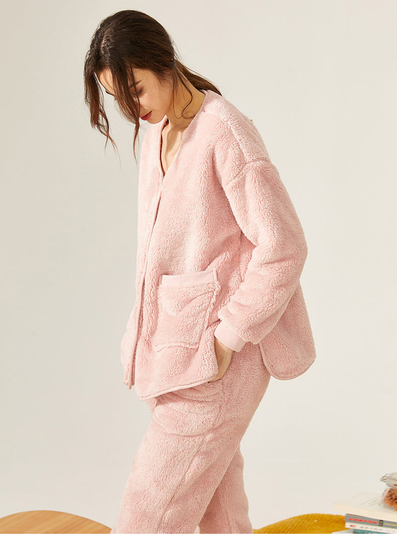 Winter Thickened Warm Pajamas Female Coral Velvet V Collar Long Sleeve With Scarf Can Be Worn Outdoors Set