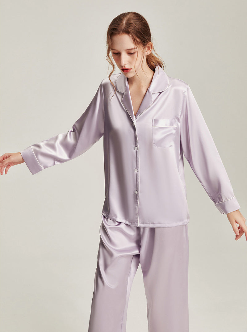22 Momme Silk Summer Female Fashion Small Lapel Simple Soft Comfortable Youthful Temperament Various Colors Classic Long Sleeve Two-Piece Pajamas