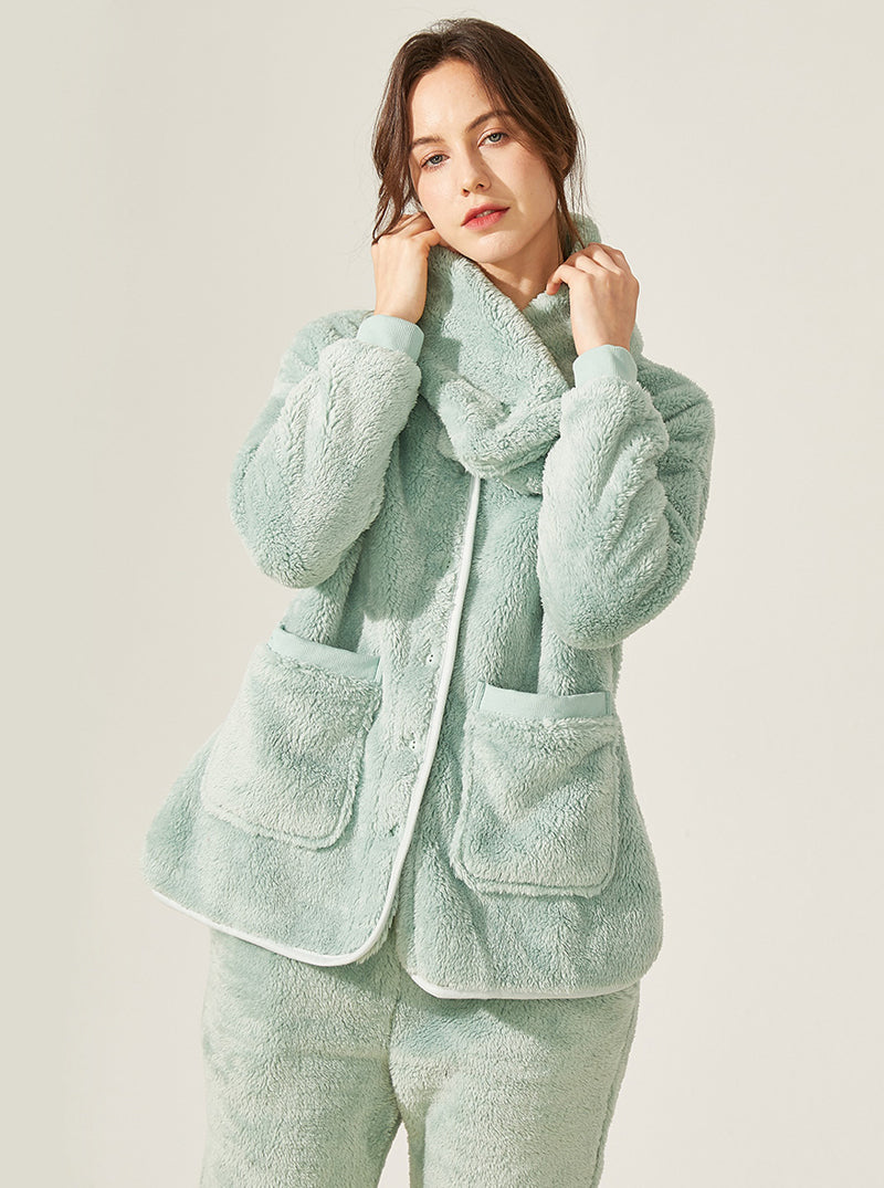 Winter Thickened Warm Pajamas Female Coral Velvet V Collar Long Sleeve With Scarf Can Be Worn Outdoors Set
