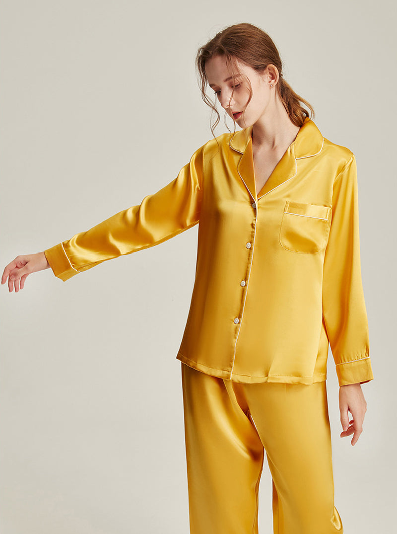 19 Momme Silk Autumn And Winter Female Simple Small Lapel Multi-Color Temperament High-Quality Pajamas Two-Piece Long-Sleeved Trousers