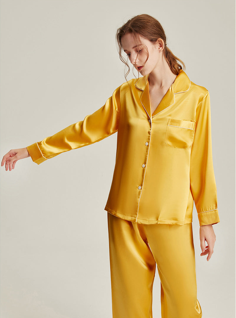 22 Momme Silk Summer Female Fashion Small Lapel Simple Soft Comfortable Youthful Temperament Various Colors Classic Long Sleeve Two-Piece Pajamas