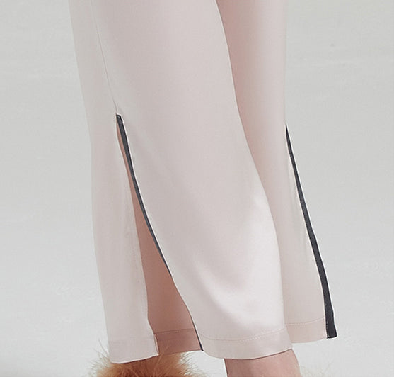 19 Momme Silk Female Spring Retro Pointed Collar High-Quality Temperament Leg Split Contrast Color Long-Sleeved Trousers Pajamas Two-Piece Set