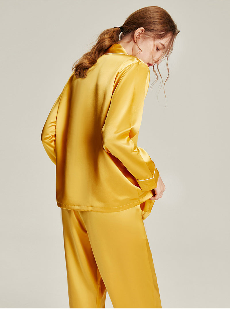 22 Momme Silk Summer Female Fashion Small Lapel Simple Soft Comfortable Youthful Temperament Various Colors Classic Long Sleeve Two-Piece Pajamas