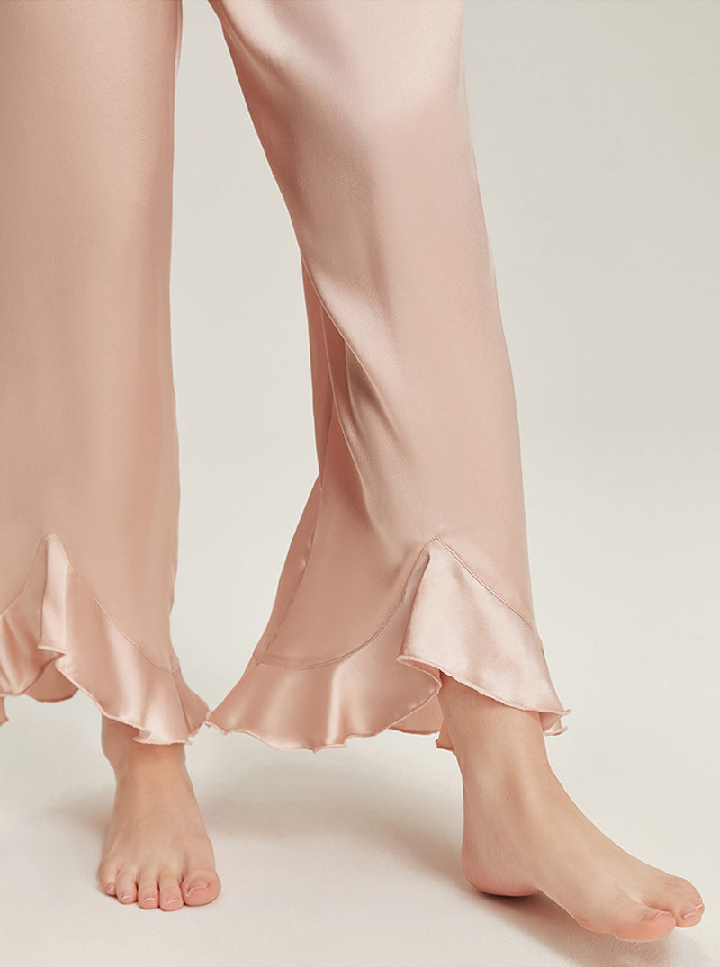 Solid Light Color Female Silk Autumn Shirt Collar Comfortable Breathable Ruffles Simple Basic Long Sleeve Pants Two Piece Pajamas