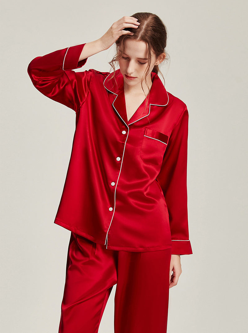 22 Momme Silk Summer Female Fashion Small Lapel Simple Soft Comfortable Youthful Temperament Various Colors Classic Long Sleeve Two-Piece Pajamas
