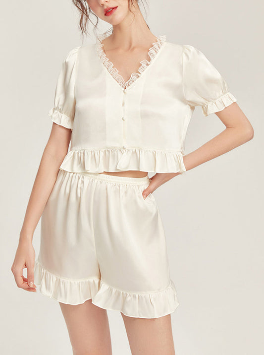Silk Summer Female Lace V-Neck Ruffle Hem Elegant Simple Romance Gentle Sweet Comfort Sexy Youth Solid Color Short Sleeve Two-Piece Pajamas