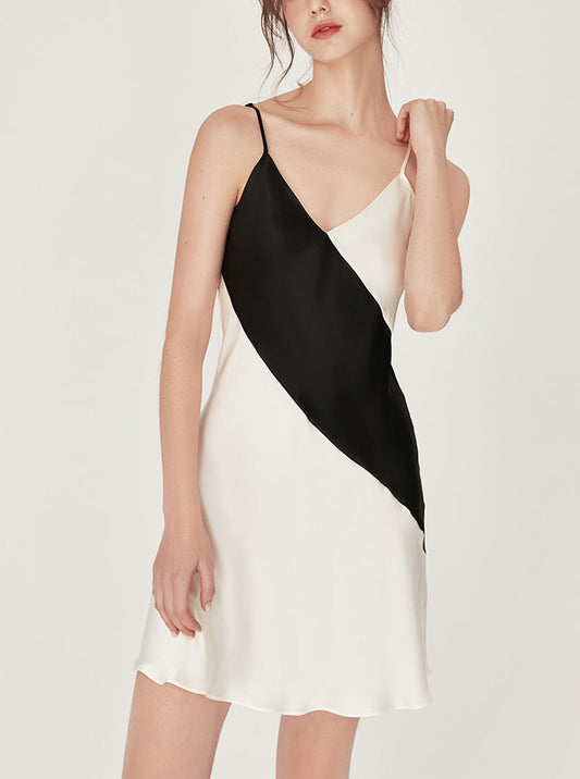 Female Summer Silk Advanced Sense Sexy V Collar Black White Contrast Sexy Sling Short Nightdress