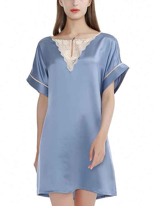 Silk Summer Lace Hollow V-Neck Female Simple And Elegant Belted Solid Color Short Sleeve Nightdress