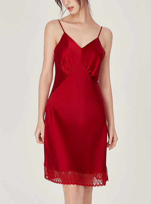 Summer Silk Elegant Sexy V Collar Fold Design Stitching Lace Hem Sling Nightdress