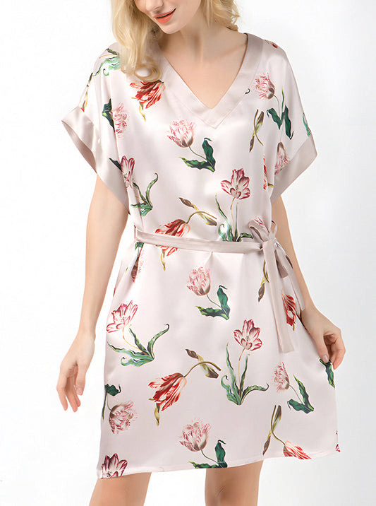 Printed Summer Ladies Silk V-Neck Elegant Luxurious Noble Simple Short Sleeve Belt Nightdress