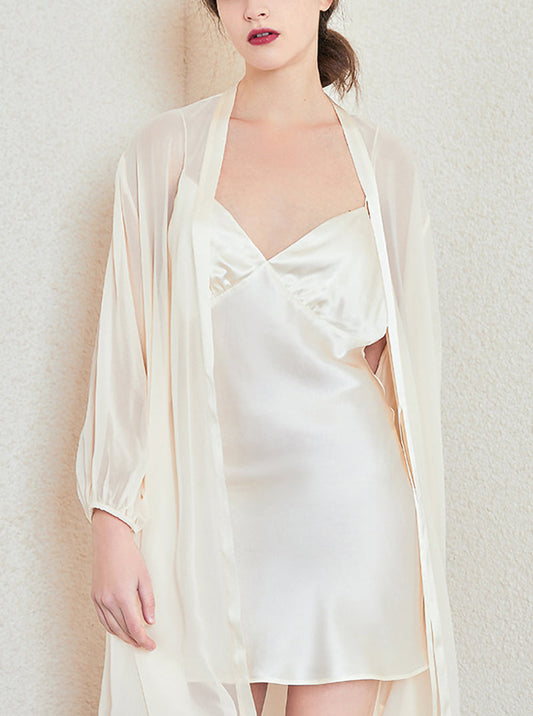 Female Silk Summer Lightweight Sexy Charming Goose Soft Yellow Long Sleeve Cardigan Night-Robe