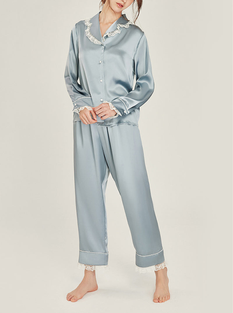 Silk Autumn Matching Pajamas Female Cute Ruffle Lace Lapel Collar Long Sleeve Advanced Sense Two-Piece Set
