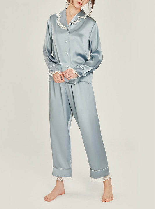 Silk Autumn Matching Pajamas Female Cute Ruffle Lace Lapel Collar Long Sleeve Advanced Sense Two-Piece Set