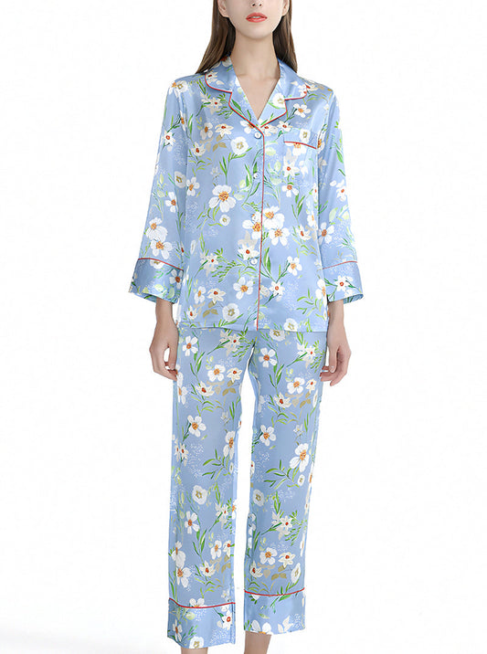 Silk Summer Female Small Lapel Print Elegant And Dignified Charming Multi-Color Long-Sleeved Pajamas Two-Piece Set