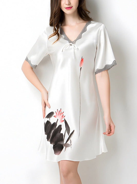 Summer Female Silk Lace V-Neck Ink Painting Print Sexy Comfortable High-End Nightdress