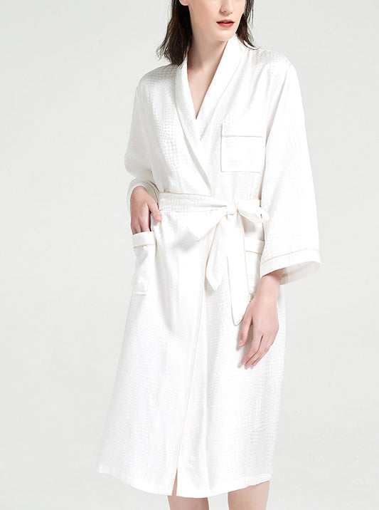 19 Momme Spring And Autumn Female Silk Small Lapel Loose Elegant Casual Belt Houndstooth Solid Color Long Sleeve Night-Robe