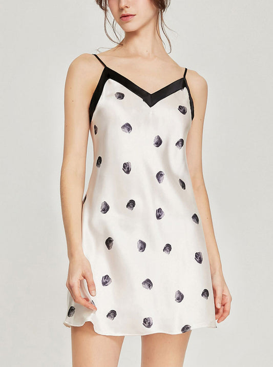 Silk Female Summer V Collar Cute Black Printing Polka Dots Milk White Slim Sling Nightdress