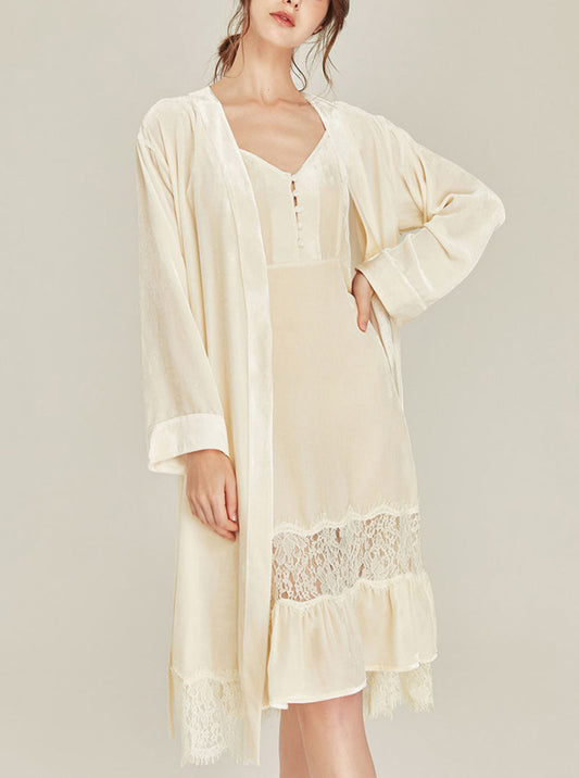 Autumn Winter Silk Velvet Female Medium Length Matching Pajamas V Collar Lace Stitching Hem Slim Sling Nightdress And Night-Robe Set