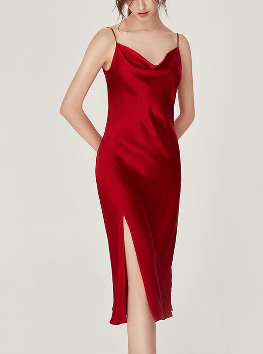 19 Momme Silk Elegant Cowl-neck Simplicity Sexy Red Split Hem Slim Medium Length Sling Nightdress