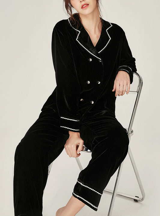 Autumn Winter Black Velvet Matching Pajamas Female Silk Double Breasted Can Be Worn Outdoors Lapel Long Sleeve Two-Piece Set