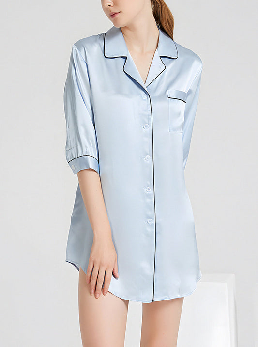 Solid Color 19 Momme Silk Spring And Summer Small Lapel Female Sexy Temptation Elegant Intellectual Mid-Sleeve Shirt Nightdress