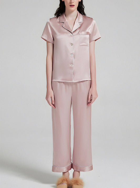 Suit Collar 19 Momme Silk Female Summer Multiple Colors Simple Classic Comfortable Short Sleeve Pants Pajamas Two Piece Set