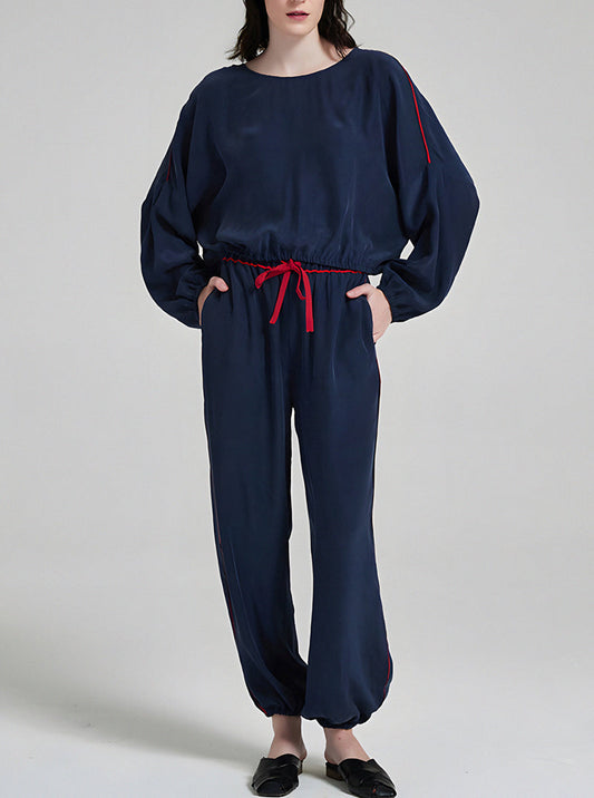 19 Momme Silk Navy Blue Spring And Autumn Female Round Neck Sand Wash Soft Loose Long-Sleeved Trousers Pajamas Two-Piece Set