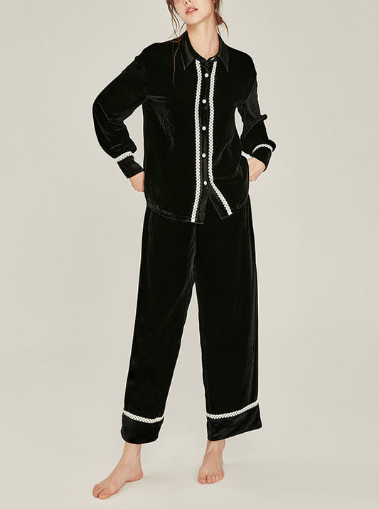 Autumn Winter Warm Mulberry Silk Velvet Matching Pajamas Female Lazy Sense Can Be Worn Outdoors Lapel Lace Design Long Sleeve Two-Piece Set