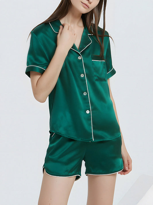 Multicolor 19 Momme Silk Female Small Lapel Summer Simple Fashion Cool And Convenient Short Pajamas