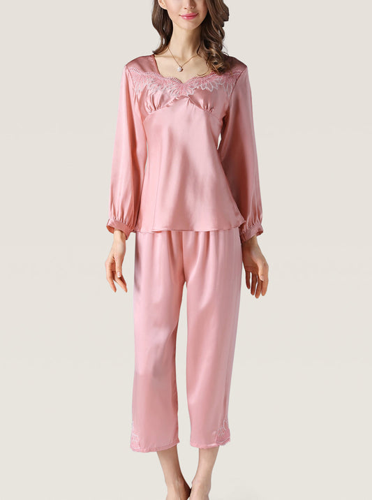 Spring Silk Female V-Neck Front Lace Elegant And Noble Solid Color Long-Sleeved Trousers Two-Piece Pajamas