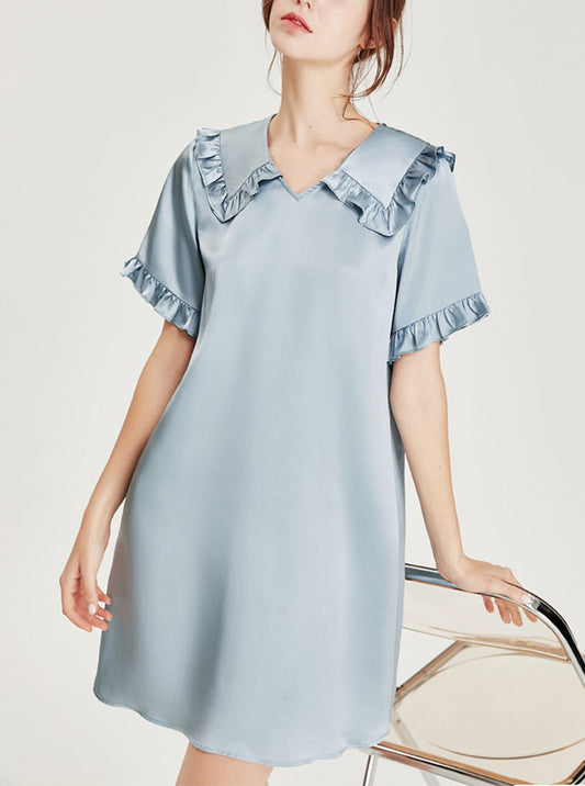 Summer Silk Female Haze Blue Cute Ruffle Splicing Lapel V-neck Short Sleeve Palace Style Shirt Nightdress