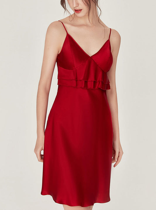 Silk Sweet Sexy V Collar Double Ruffle Design Sling Short Nightdress With Chest Pads