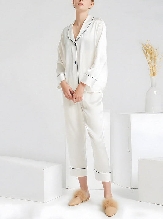 Spring 19 Momme Silk Small Lapel Female Elegant Simple Light Color Long Sleeve Pants Two Piece Pajamas