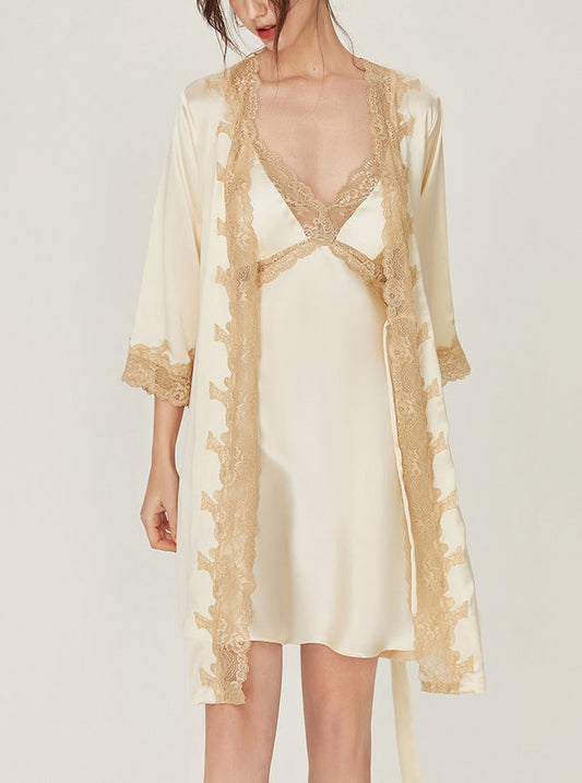 Silk Female Matching Pajamas Champagne Sexy Lace V Collar Sling Nightdress With Chest Pads And Night-Robe Set