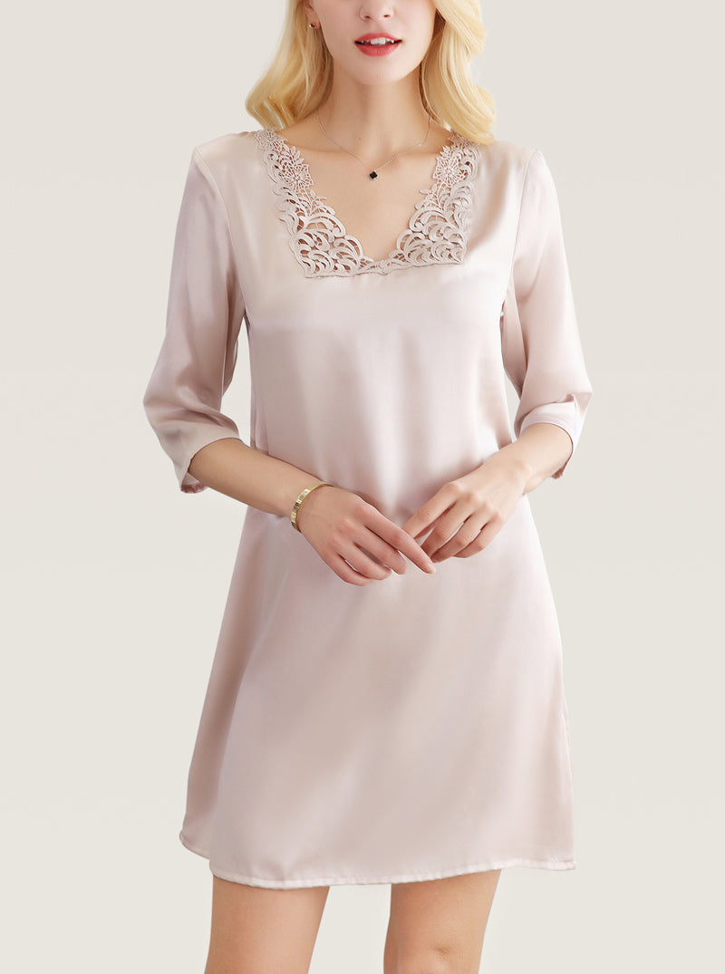 Summer Silk Female V-Neck Lace Simple Fashionable Generous Comfortable And Textured Slim Solid Color Sleeves Nightdress