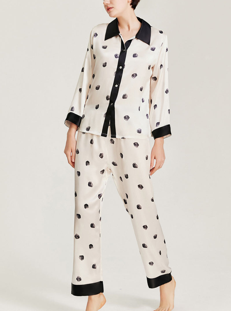 Black And White Polka Dot Pattern Silk Spring And Summer Female Low-Key Simple Retro Shirt Collar Long-Sleeved Pajamas Two-Piece Set