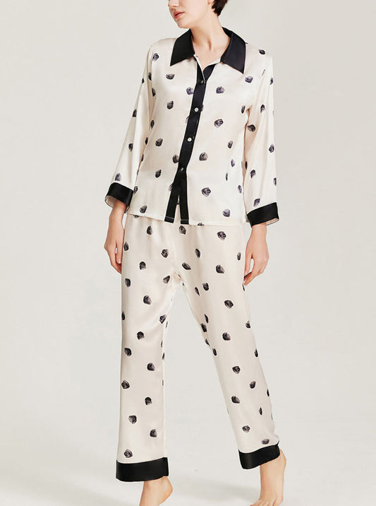 Black And White Polka Dot Pattern Silk Spring And Summer Female Low-Key Simple Retro Shirt Collar Long-Sleeved Pajamas Two-Piece Set