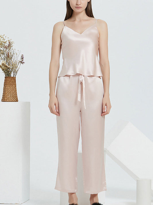 22 Momme Silk Summer Female V-Neck Suspender Trousers Sexy Casual Casual Breathable Comfortable Light Lotus Pink Pajamas Two-Piece Set
