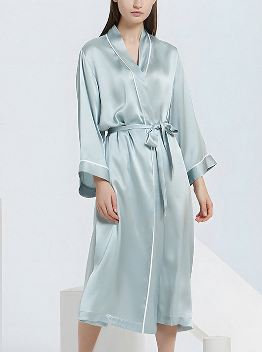 Plain Crepe Satin Spring And Autumn Female Loose Casual Breathable Belt Mint Green Long Nightgown
