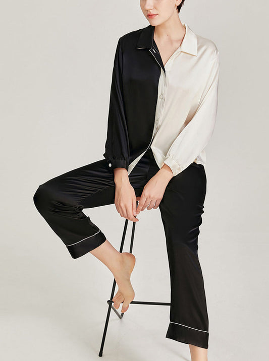 Spring Summer Female Shirt Style Silk Splicing Contrasting Color Matching Pajamas Comfortable Long Sleeve Two-Piece Set