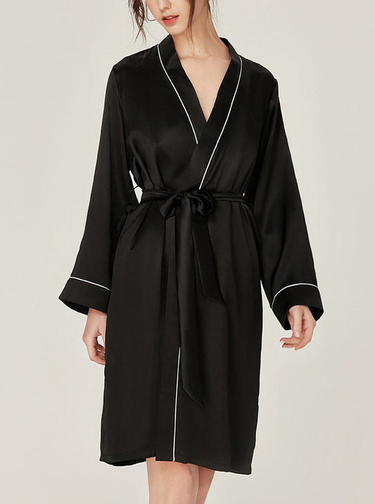 Silk Wedding Morning Robe V Collar Advanced Sense Simplicity Pure Color Medium Length Night-Robe Female