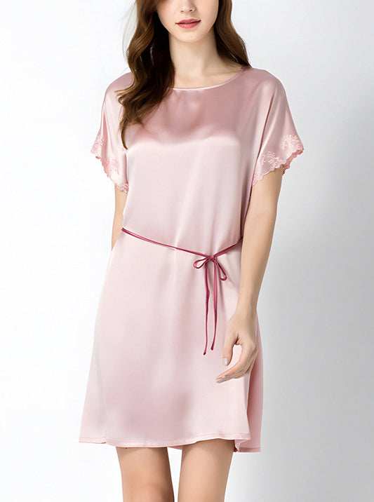 Round Neck Solid Color Summer Silk Female Classic Luxury Sexy Belt Stitching Lace Solid Color Short-Sleeved Nightdress