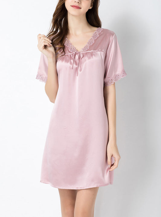 Summer Silk Ladies V-Neck Sexy Lace Elegant A-Line Pink Short-Sleeved Nightdress