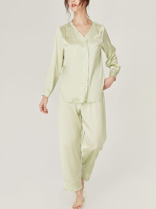 Female Spring Summer Silk Matching Pajamas Sweet Ruffle V Collar Circular Arc Hem Long Sleeve Advanced Sense Two-Piece Set