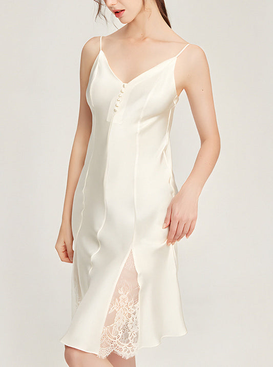 19 Momme Silk Multi-Buttons V Collar Splicing Lace Slit Hem Sexy Sling Nightdress Summer Female