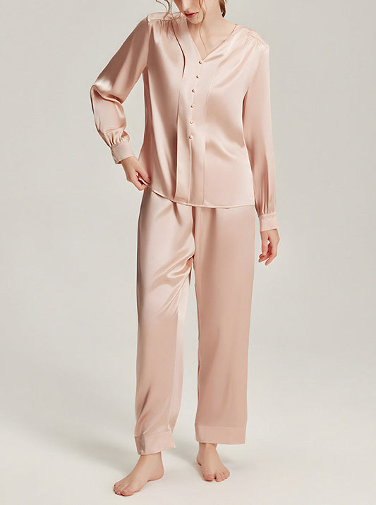Simple V-Neck Silk Hideyoshi Female High-End Comfortable Solid Color Long-Sleeved Trousers Pajamas Two-Piece Set