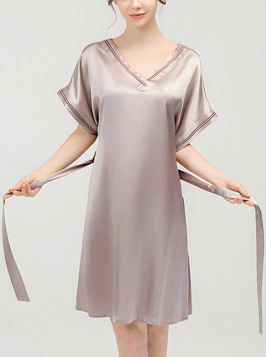 Solid Color Female Silk Summer V-Neck Premium Loose Classic Belt Short Sleeve Nightdress